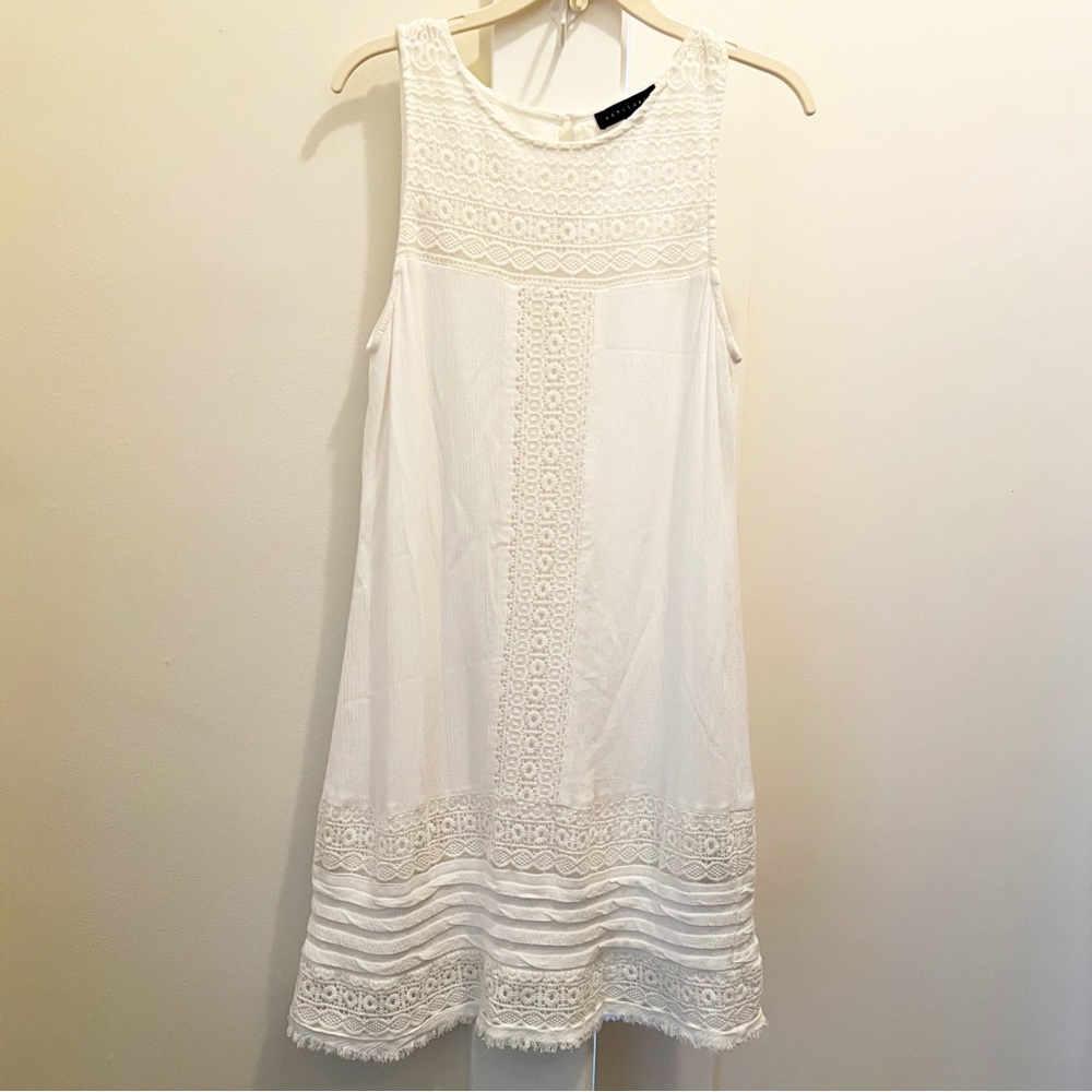 Sanctuary Phoebe Crinkled Crochet Mini Shift Dress‎ Large White Sleeveless
